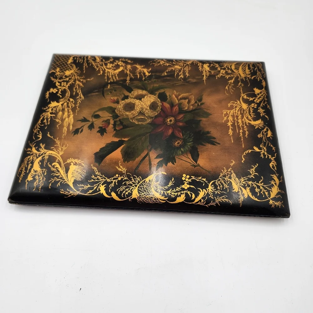 Antique ART Victorian Edwardian lacquer PAPIER MACHE BOOK COVER FLOWERS